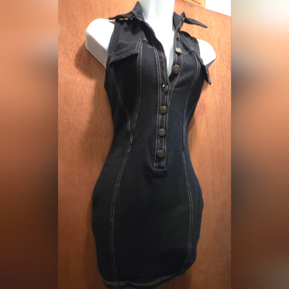 Peep Vintage Denim Look Chic Black Button-Up Stretch Dress SzS - Picture 3 of 10